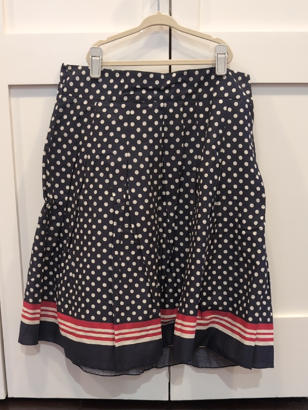 Polka Dot Navy A-Line Skirt with Red Stripe Trim